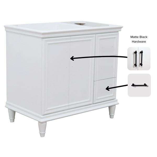 36" Single Vanity in White Finish- Left Door- Cabinet Only- Black Handles
