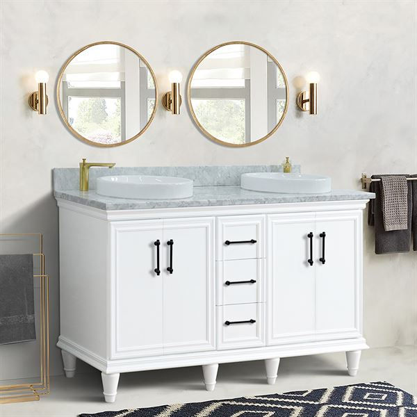 61" Double Sink Vanity in White Finish and White Carrara Marble and Round Sinks