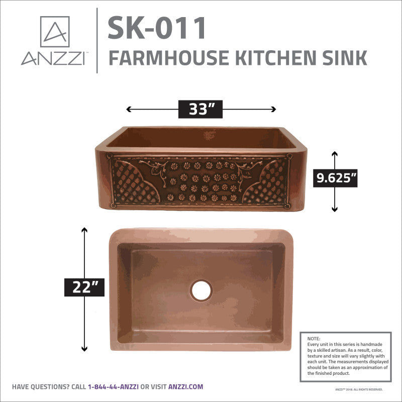 Thumbnail: ANZZI Macedonian Farmhouse Handmade Copper 33 in. 0-Hole Single Bowl
