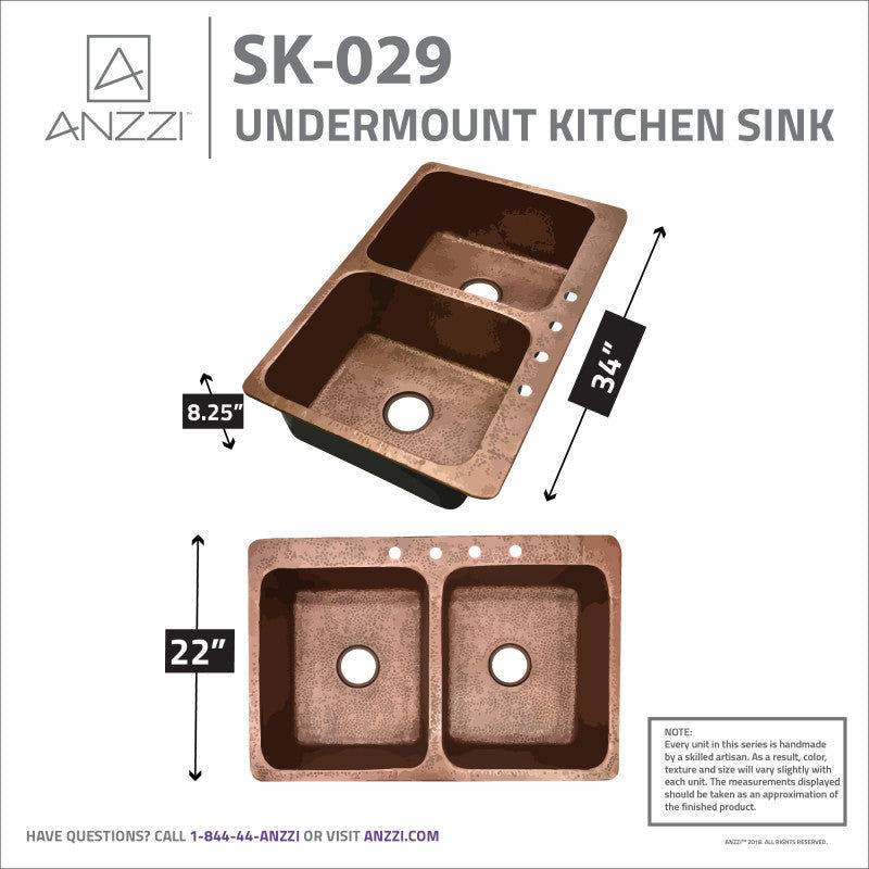 Thumbnail: ANZZI Elen Drop-in Handmade Copper 33 in. 4-Hole 50/50 Double Bowl