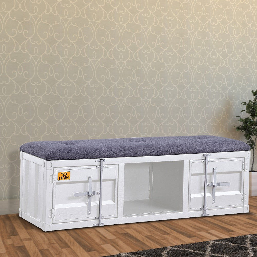 Benjara Metal Bench w/ Open Storage & Tufted Fabric Seat, White & Gray