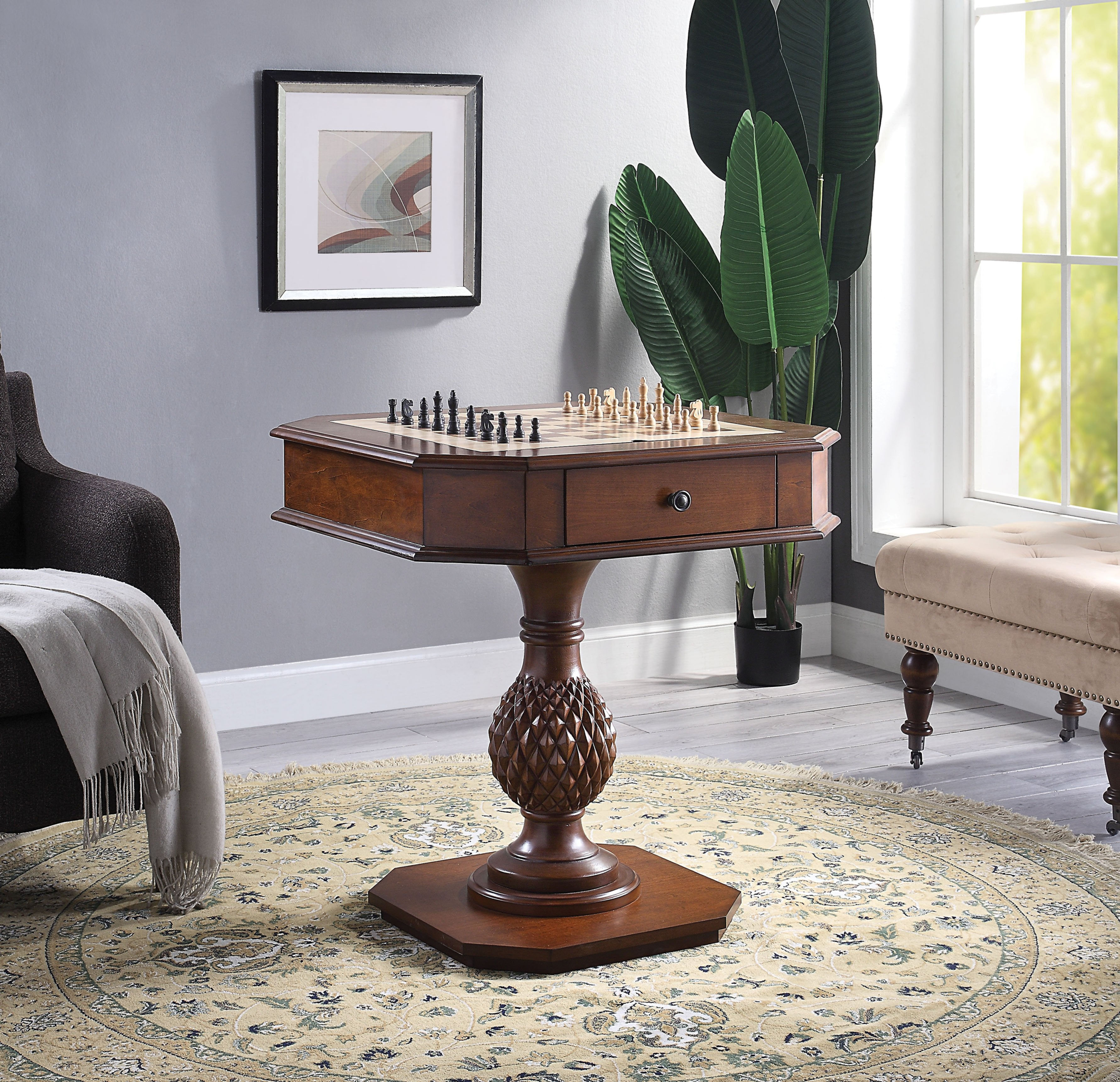Benjara Wooden Square Top Reversible Game Table w/ Pedestal Base, Brown