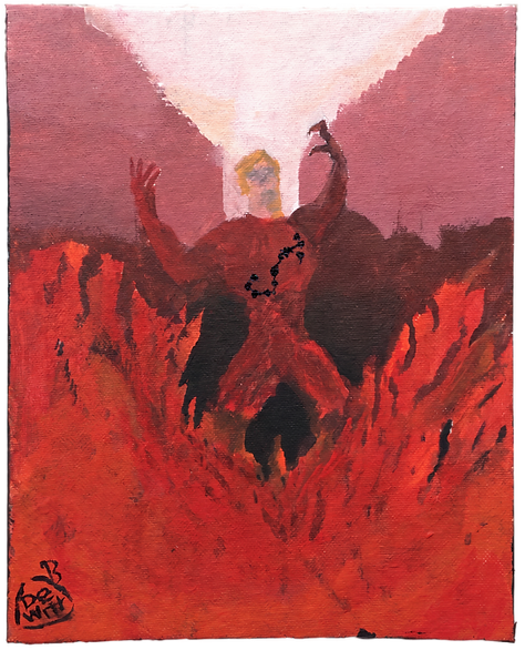 Blond-haired figure raising his arms in anguish as he stands amid flames. Acrylic painting in deep reds and black.