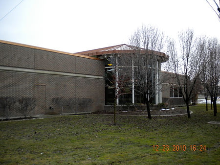 North side of Murray Library with tall windows, bare trees, and the angular roofline visible from the lawn.