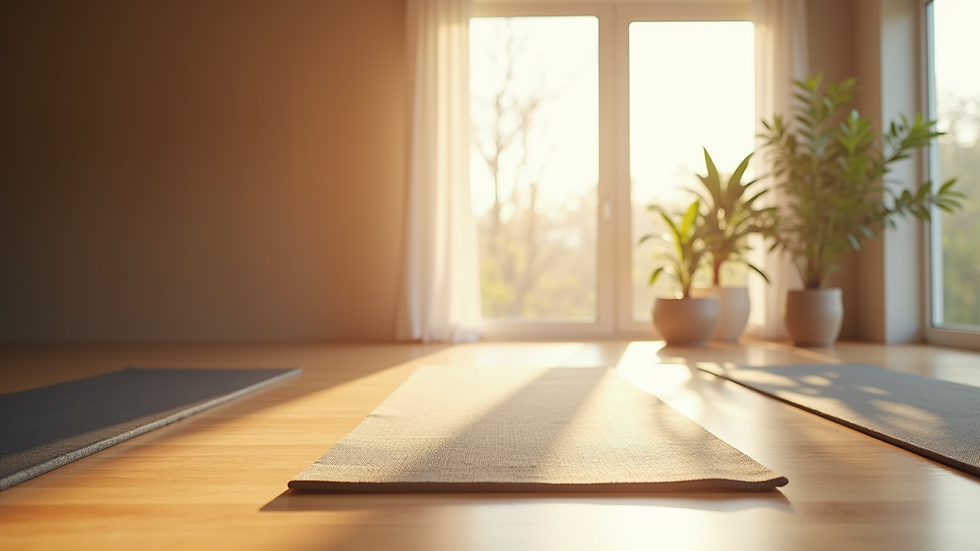 Eye-level view of a serene yoga space with mats and natural light
