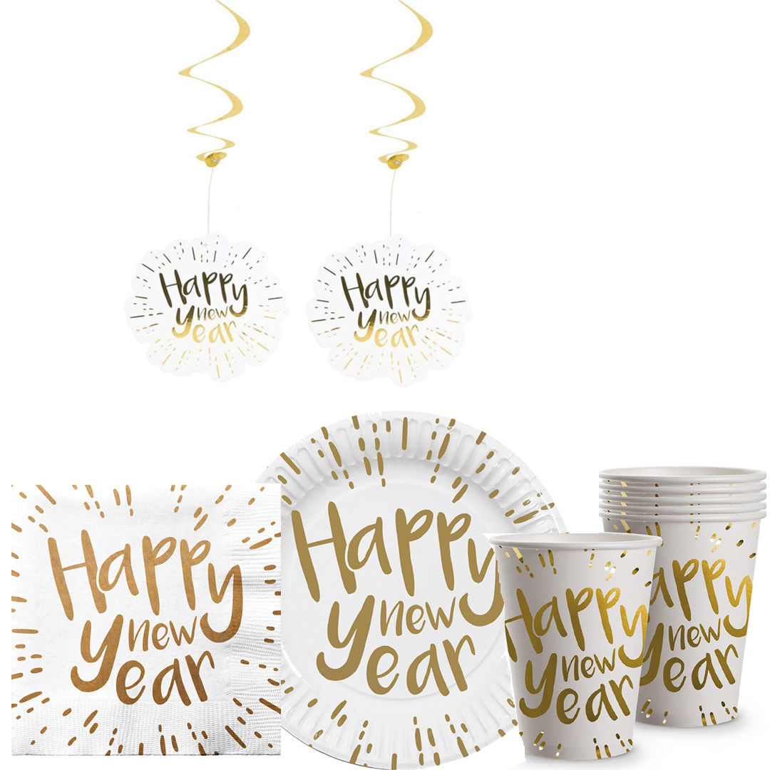 Happy New Year Partyware Set - White & Gold