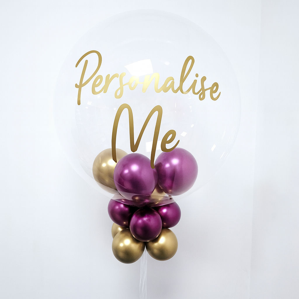 24" Clear Personalised Deco Bubble - Chrome Gold/Chrome Fuchsia