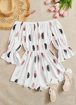 SHEIN VCAY Feather Print Off Shoulder Flounce Sleeve Romper.jpeg