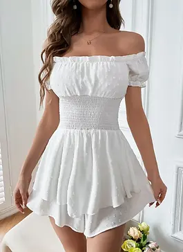 SHEIN VCAY Swiss Dot Off Shoulder Frill Trim Shirred Romper.webp