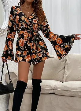 Allover Floral Print Bell Sleeve Belted Romper.webp