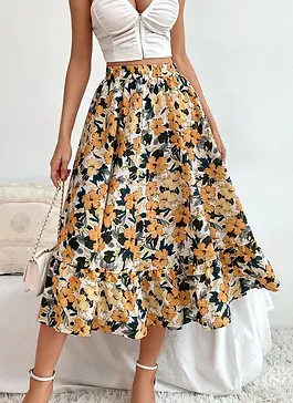 Allover Floral Print Flare Skirt.webp