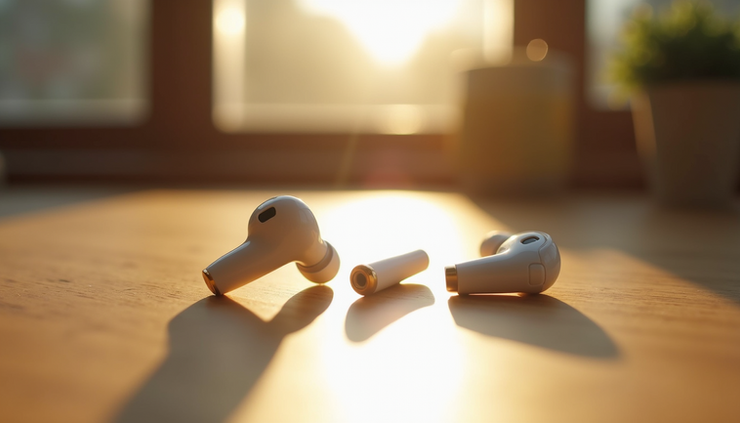 Close-up view of Ubon J26 wireless earbuds resting on a wooden surface with soft morning light