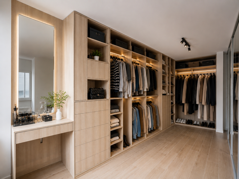 Vestidor completo en madera clara con gran capacidad de almacenamiento, barras para colgar, repisas iluminadas, cajoneras y vanidad con espejo LED. Diseño elegante y funcional.