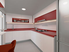 cocina con luz, cocina con campana en isla, cocina roja, cocina blanca, cocina con led, cocina integral, cocina con cubierta roja
