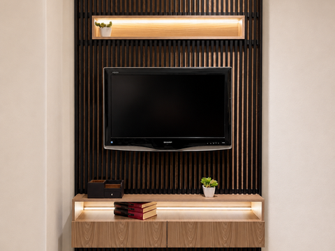 Mueble de TV moderno con lambrín negro alto brillo y texturado, consola flotante en madera clara con iluminación LED, diseño elegante y funcional para sala.