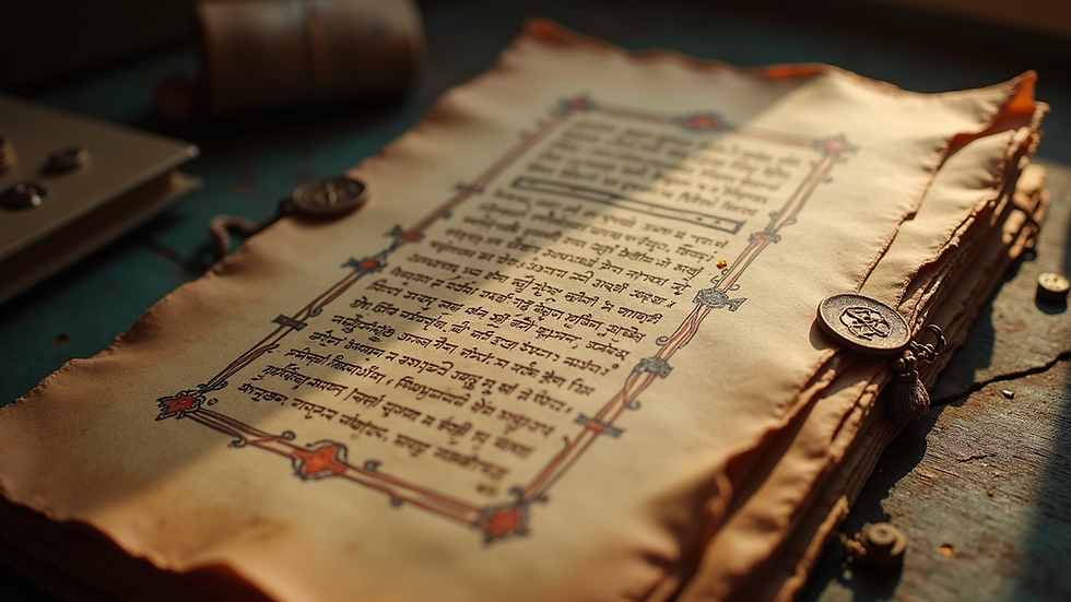 Eye-level view of ancient manuscript with spiritual symbols