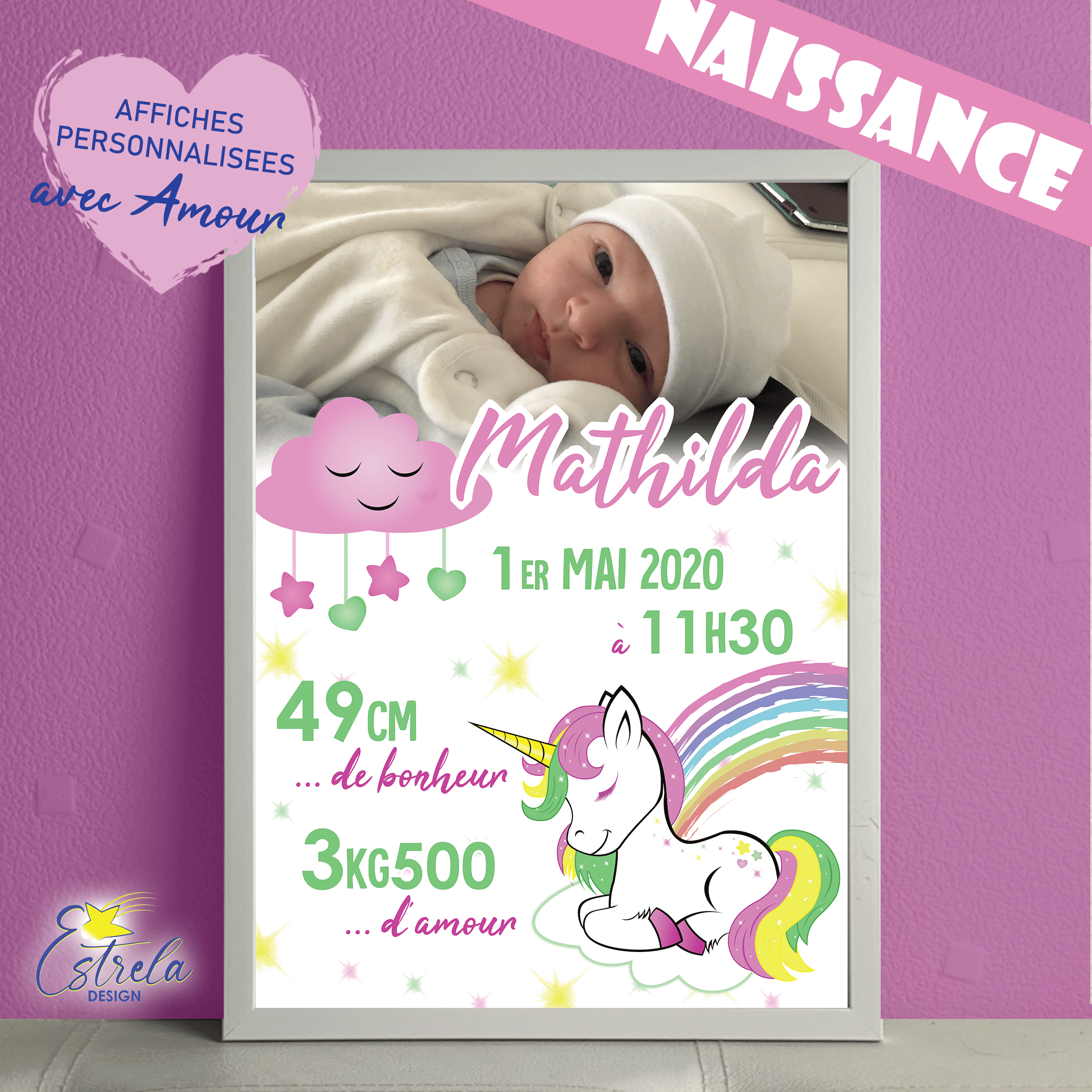 NAISSANCE - LICORNE / cadre à offrir cadeau naissance - affiche personnalisée