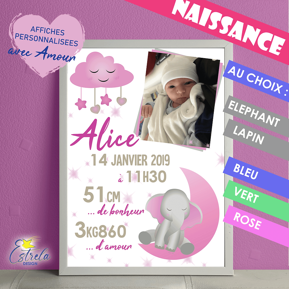 Miniature : AFFICHE NAISSANCE - nuage lune - éléphant lapin - bleu rose vert cadre