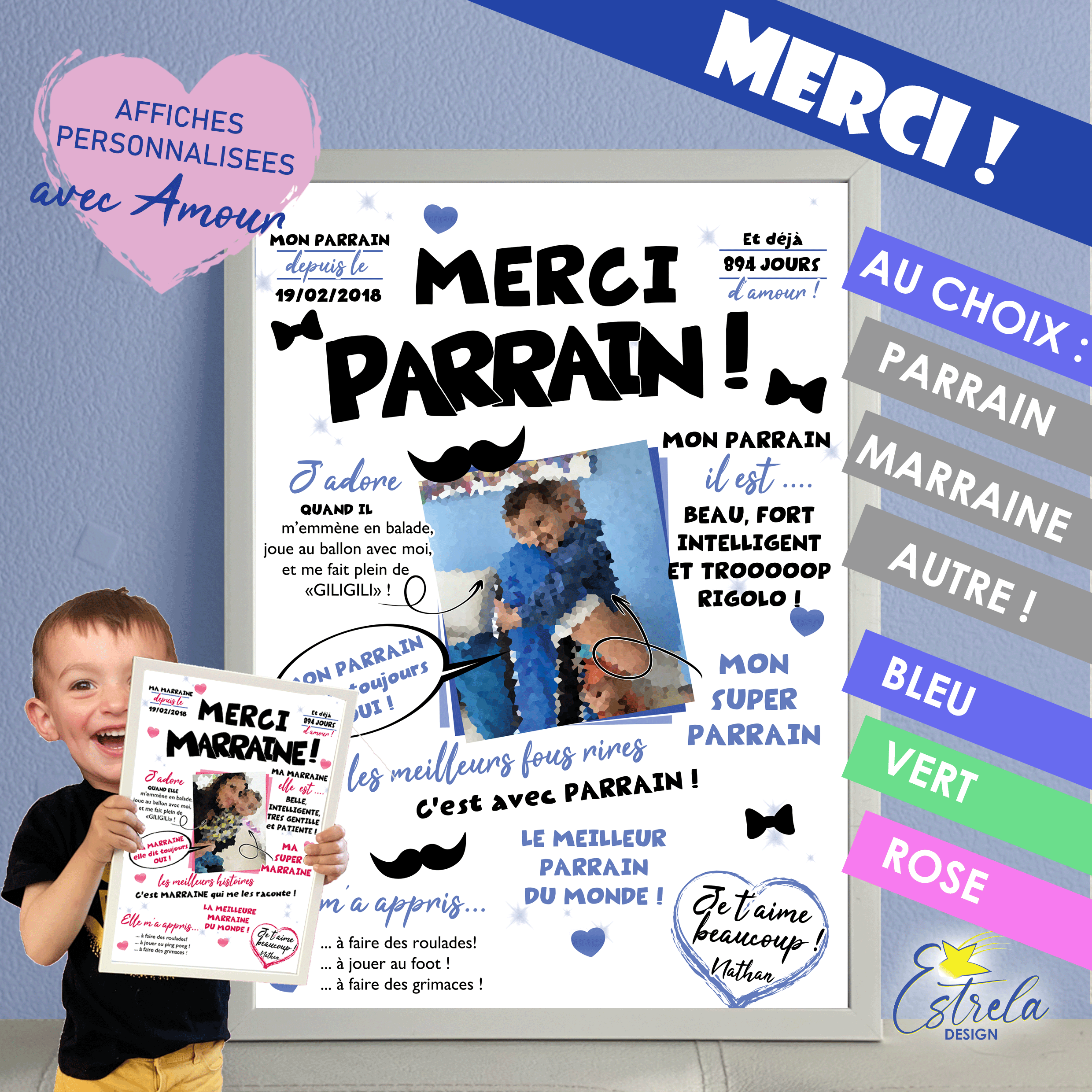 MERCI PARRAIN.... cadre à offrir cadeau anniversaire, fête,..