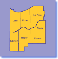 Map of Northwest Indiana highlighting Lake, Porter, LaPorte, newton, Jasper, Starke, and Pulaski Counties served by One Price