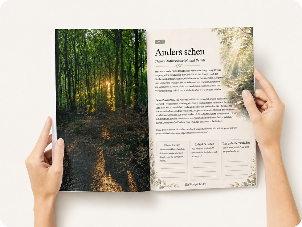 Open Shinrin Yoku Guide showing a forest bathing practice and reflection workbook page