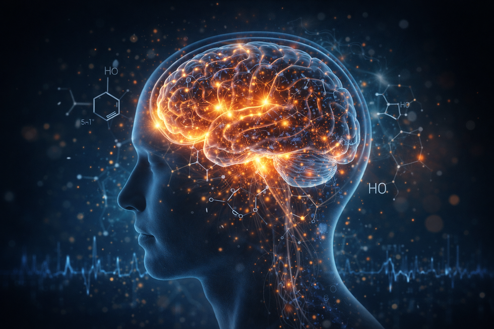 Silhouette of a head with a glowing brain, interconnected neural pathways, and chemical structures in a dark, scientific-themed background.