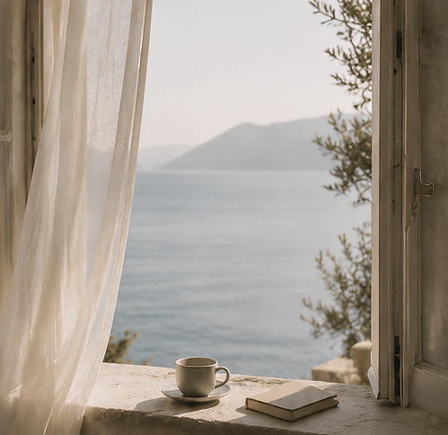 Intentional travel and meaningful pause by the sea with open Mediterranean window, soft linen curtains, coffee cup and notebook in a calm restorative setting.