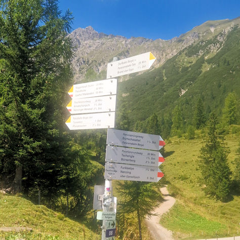 Mountain trail sign by trees and peaks — a calm spot to pause and think during a walk.