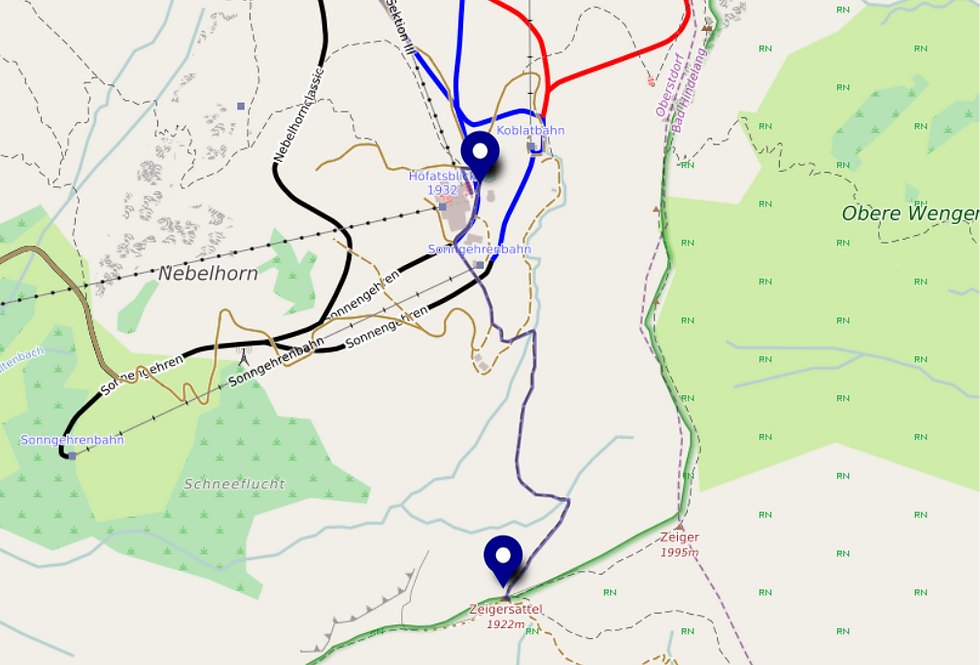 Map showing trails near Nebelhorn, with two blue location markers. Features varied paths, green and beige areas, and text labels.