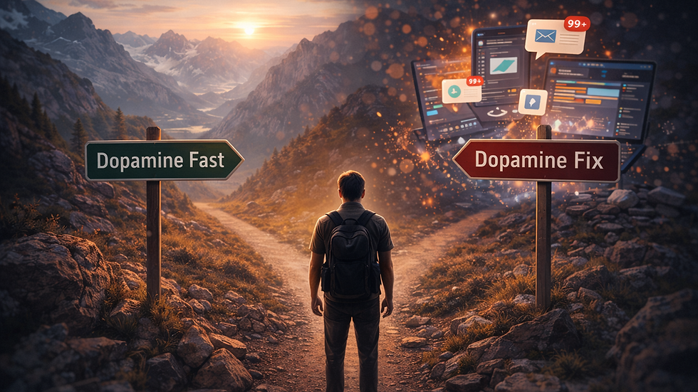 Man stands at a forked path with signs "Dopamine Fast" and "Dopamine Fix" in a mountainous sunset setting, symbolizing choices.