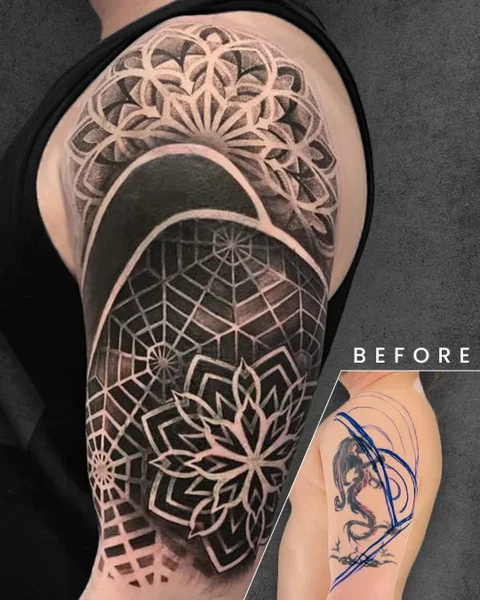 A geometric mandala-inspired tattoo with intricate patterns covering the upper arm, replacing an older tribal or abstract design seen in the inset.
