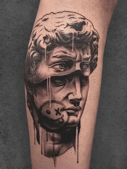 David Sculpture with Third Eye Tattoo: Abstract David sculpture with dripping details and a third eye. Forearm placement, unisex