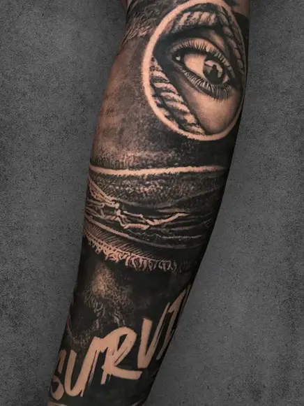 Close-up of a striking eye, survival-themed tattoo, hyper-realistic shading, forearm placement, male subject.
