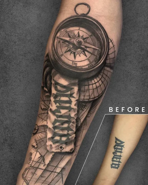A realistic compass tattoo on the forearm, complemented by a map design. This piece covers up a previous text-based tattoo reading "Dalton," as shown in the inset