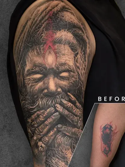 A highly realistic portrait of a bearded sage or mystic with glowing eyes, replacing a smaller, vibrant tattoo seen in the inset.