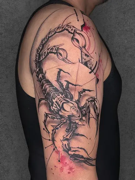 A dynamic tattoo of a scorpion with geometric and abstract patterns, done in a neo-traditional style on the upper arm