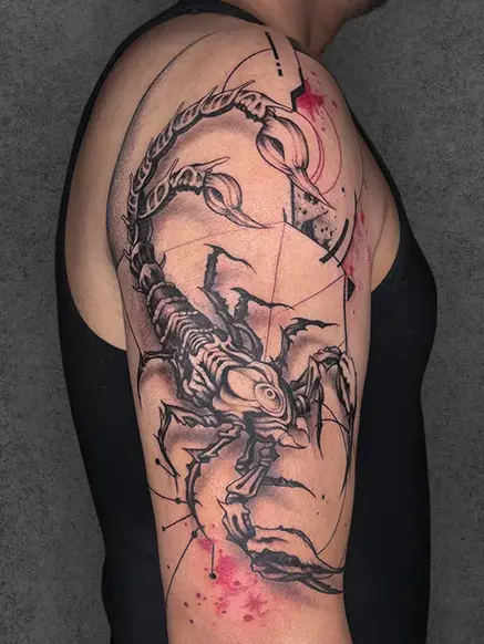 A dynamic tattoo of a scorpion with geometric and abstract patterns, done in a neo-traditional style on the upper arm