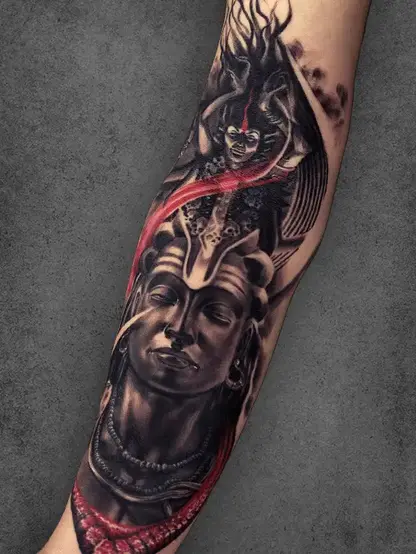 Double exposure Bold Shiva-themed forearm tattoo with a warrior spirit, red highlights, and detailed shading