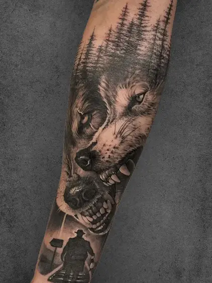 A hyper-realistic tattoo of a wolf with forest elements on the forearm, showcasing primal strength and connection to nature, created by a student of the Complete Course in Tattoo