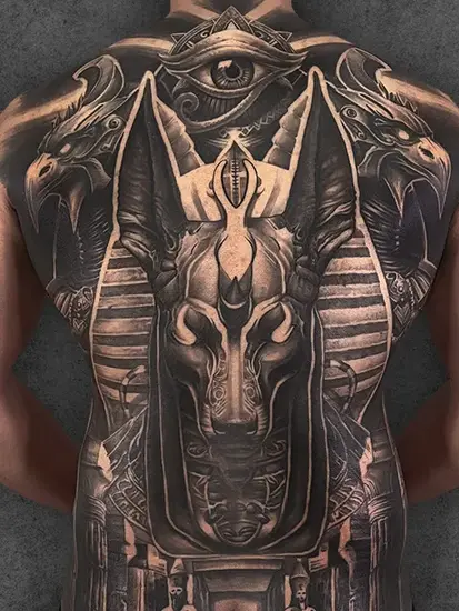 full back anubis and eye tattoo