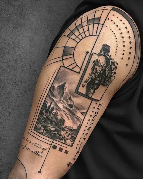 A detailed tattoo featuring a hiker, a mountain landscape, geometric patterns, and coordinates, symbolizing exploration and adventure, done in fine realism, placed on the upper arm