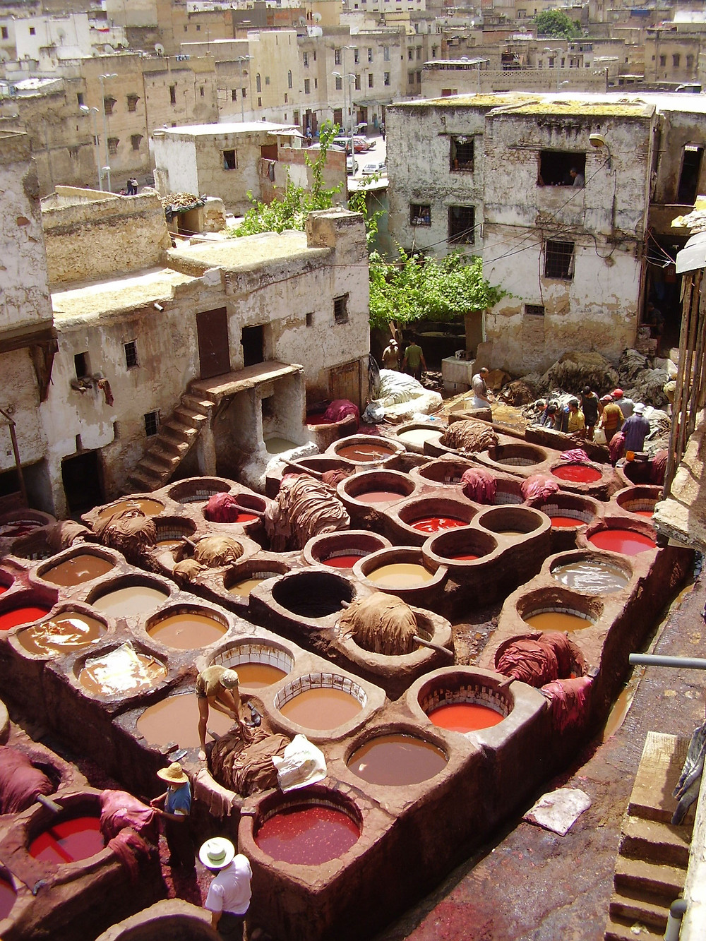 This image shows a large backyard in Iran, where buckets of dye are spread around in order. The colors of the dye are brown, red, baige in different hues. There are people shown who are working on the process of dying the yarn.