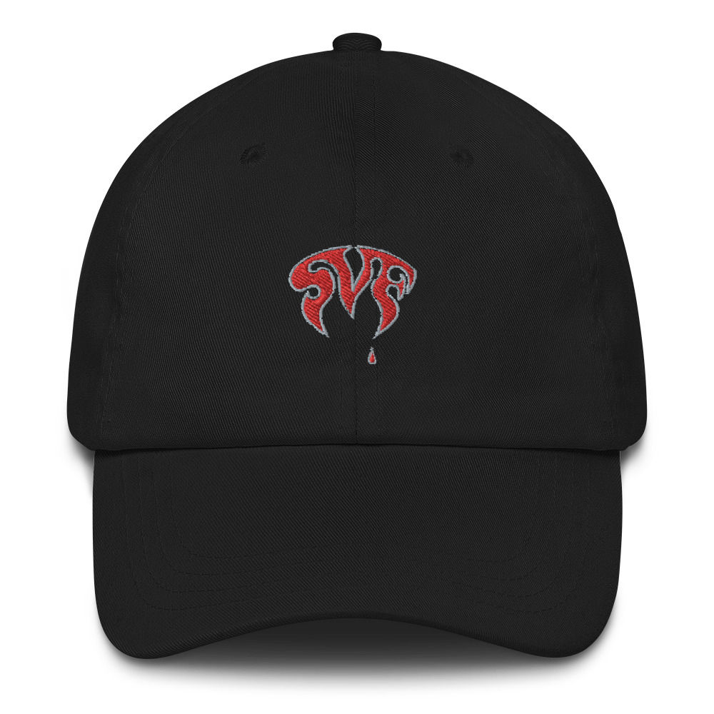 Black hat with red SVF logo on the front of the hat