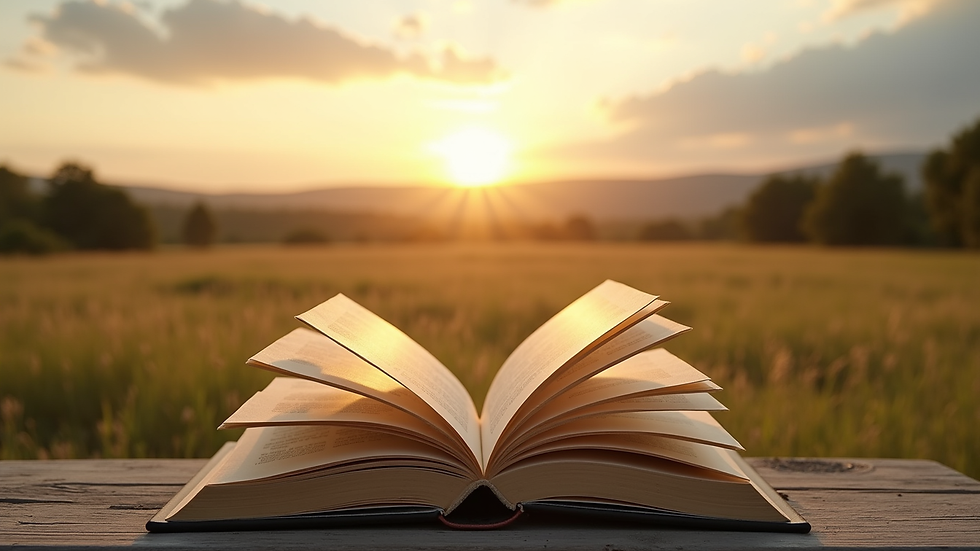 Vista panorámica de un paisaje literario con libros abiertos