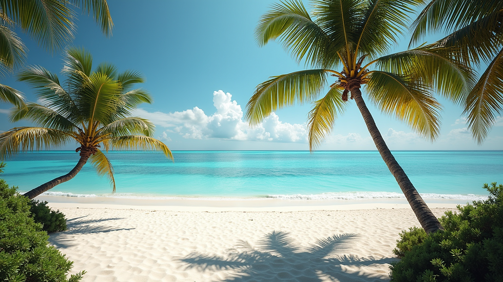 Vista panorámica de una playa tropical con palmeras y arena blanca