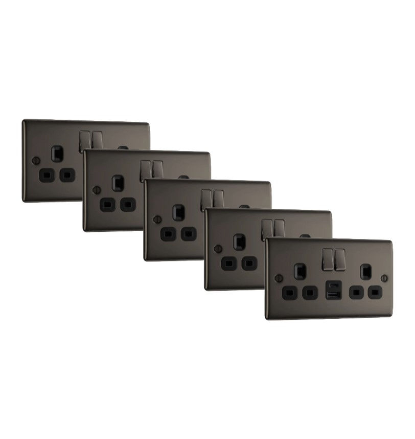 BG Nexus Black Nickel 2G 13A switched socket USB-A USB-C 12W NBN22UAC12B-01 -5pk