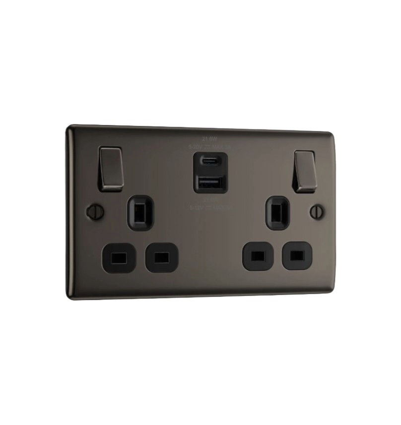 BG Nexus Black Nickel 2 Gang 13A switched socket USB-A USB-C 22W NBN22UAC22B-01