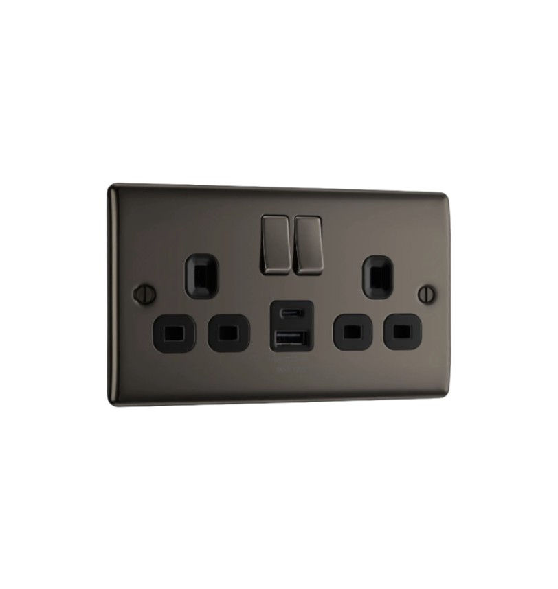 BG Nexus Black Nickel 2 Gang 13A switched socket USB-A USB-C 12W NBN22UAC12B-01
