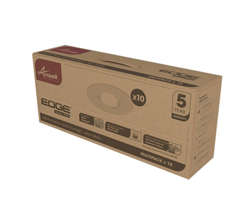 Ansell Edge GU10 fire-rated downlight Matt White bezel pack of 10 AEFRD/MW/MP1