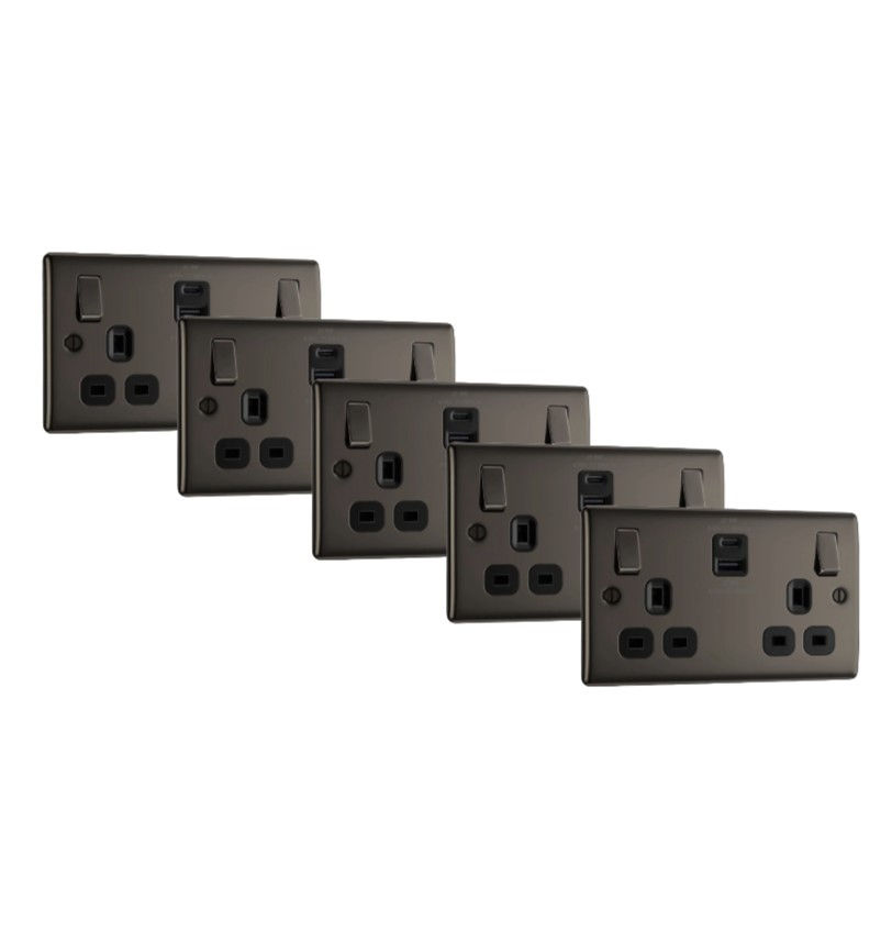 BG Nexus Black Nickel 2G 13A switched socket USB-A USB-C 22W NBN22UAC22B-01 -5pk